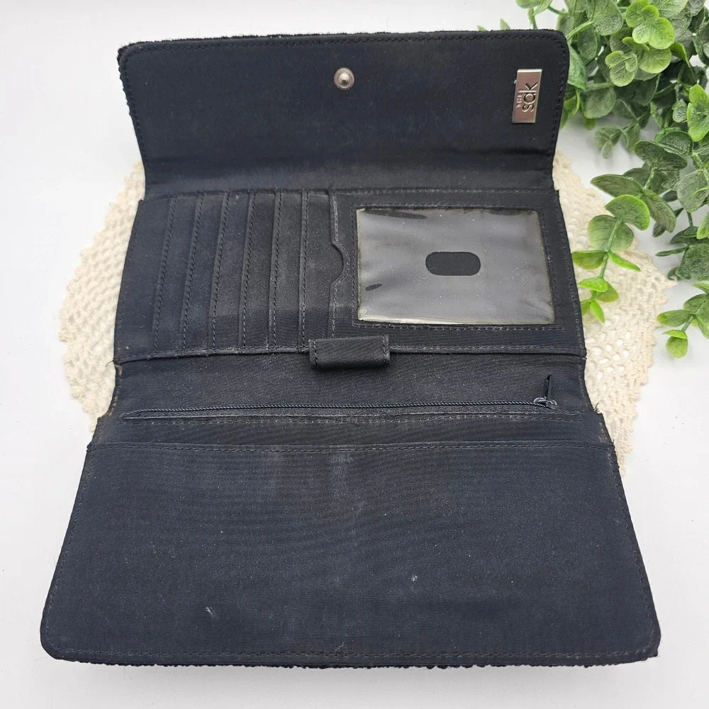 The Sak Black Woven Raffia Clutch Wallet Organizer Snap Closure
